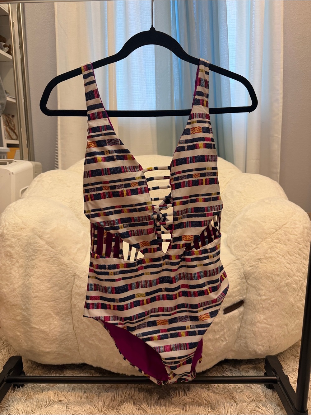 BECCA Multi-Striped Cutout One-Piece Swimsuit in White, Navy & Magenta